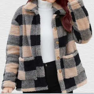 Plaid Print Patched Pockets Teddy Coat, Versatile Long Sleeve Single Breasted Winter Outwear, Women's Clothing