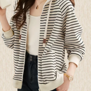 Striped Print Hooded Jacket, Casual Drawtring Zip Up Long Sleeve Outerwear, Women's Clothing