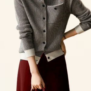 Striped Button Up Knit Cardigan, Elegant Long Sleeve Pocket Sweater, Women's Clothing