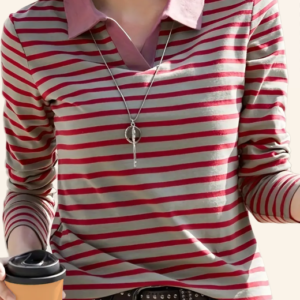 Striped Print Button Front T-Shirt, Casual Long Sleeve T-Shirt For Spring & Fall, Women's Clothing