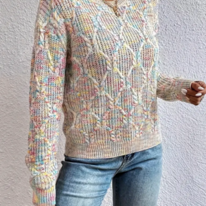 Rainbow Cable Knit Pullover Sweater, Elegant Crew Neck Long Sleeve Sweater For Spring & Fall, Women's Clothing