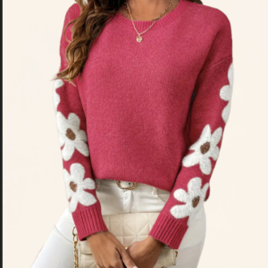 Floral Pattern Crew Neck Pullover Sweater, Elegant Long Sleeve Drop Shoulder Sweater, Women's Clothing