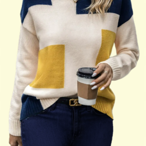 Color Block Crew Neck Pullover Sweater, Casual Long Sleeve Knitted Sweater For Fall & Spring, Women's Clothing