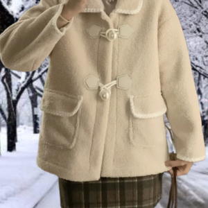 Flap Pockets Button Front Fuzzy Coat, Casual Thermal Contrast Trim Long Sleeve Plush Coat For Fall & Winter, Women's Clothing