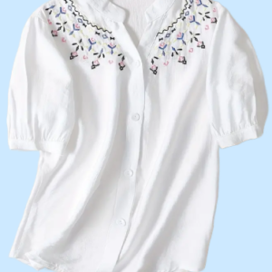 Embroidered Button Up Blouse, Casual Short Sleeve Top For Spring & Summer, Women's Clothing