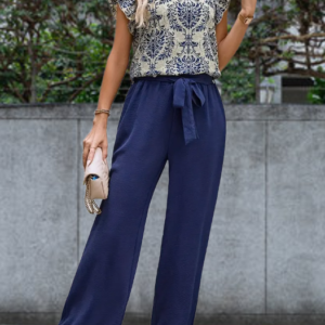 Elegant Two-piece Set, V Neck Ruffle Sleeve Top & Solid Tie Waist Pants Outfits, Women's Clothing