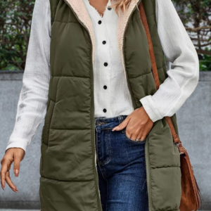 Reversible Hooded Vest Coat, Casual Zip Up Sleeveless Warm Outerwear, Women's Clothing