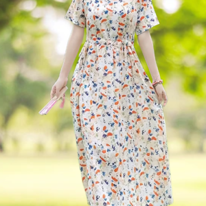 Allover Print With Pocket A-line Dress, Elegant Crew Neck Short Sleeve Dress For Spring & Summer, Women's Clothing