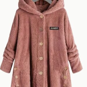Letter Front Plush Hoodie Patch Button, Casual Long Sleeve Teddy Bear Coat, Women's Clothing