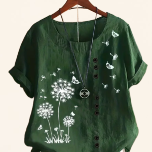 Dandelion Print Blouse, Casual Crew Neck Short Sleeve Blouse For Spring & Summer, Women's Clothing